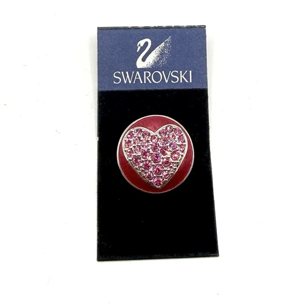 Vintage Swarovski Swan Rhinestone Red Enamel‎ Heart Silver Tone Brooch Pin